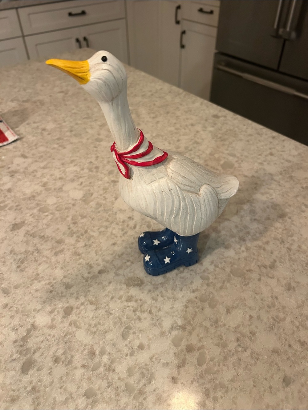 “New”Patriotic White Duck Figurine with Red Scarf and Blue Star Boots